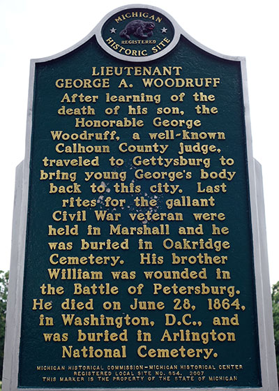 Michigan Historical Marker dedicated to George Woodruff, a Marshall resident and Michigan soldier in the Civil War. Photo ©2014 Look Around You Ventures LLC.